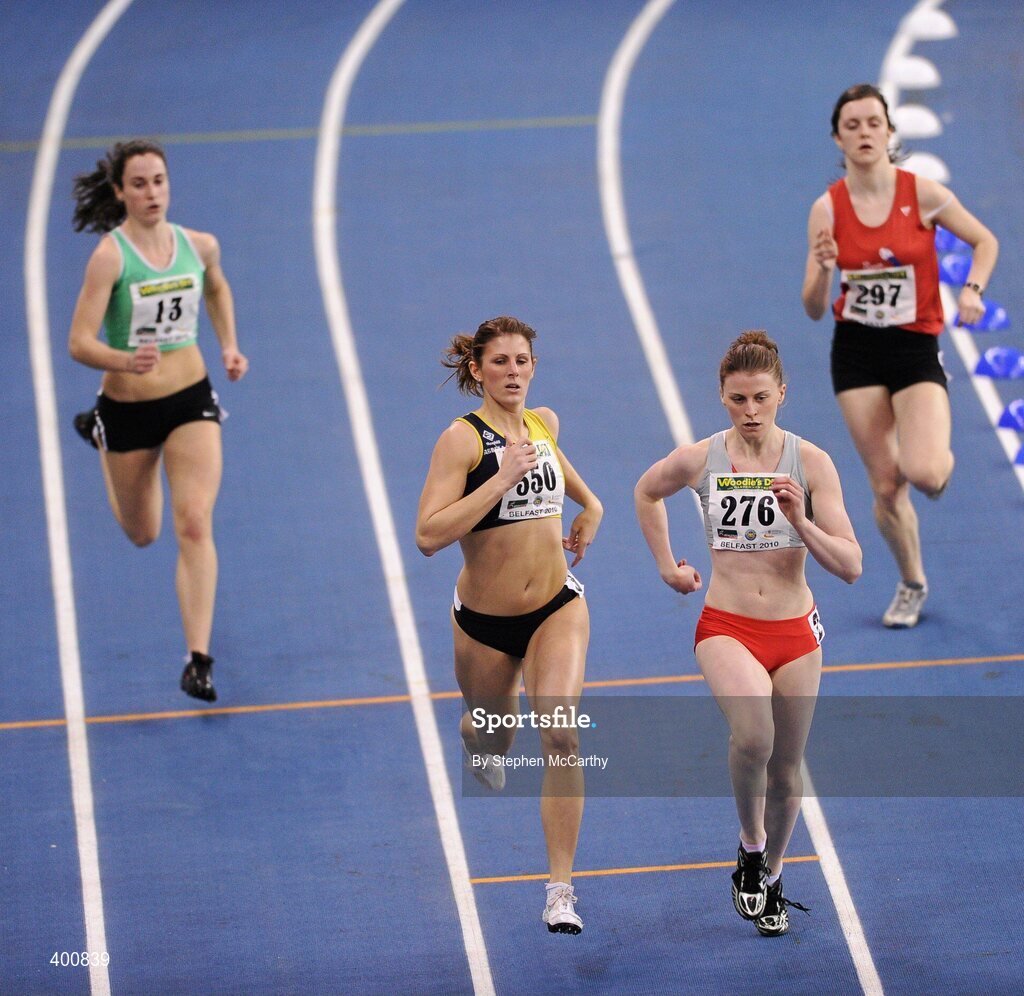 6 February 2010; Athletes in action during the Senior Women's 400m 'B' Final, from left, Emer O'Connell, Blarney/Inniscara A.C., who won in a time of 59.05, Michelle Rogers, Abbey A.C., who finished third in a time of 59.30, Erin Mc Ilveen, City of Lisburn, who finished second in a time of 59.25, and Louise Harvey, Tir Chonaill A.C., who finished fourth in a time of 61.53, at the second day of the Woodie’s DIY Senior Indoor Championships. Odyssey Arena, Belfast, Co. Antrim. Picture credit: Stephen McCarthy / SPORTSFILE