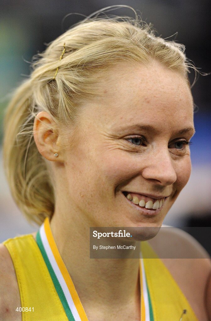 6 February 2010; Derval O'Rourke, Leevale A.C., after winning the Senior Women's 60m Hurdle Final, in a time of 8.18, during the second day of the Woodie’s DIY Senior Indoor Championships. Odyssey Arena, Belfast, Co. Antrim. Picture credit: Stephen McCarthy / SPORTSFILE