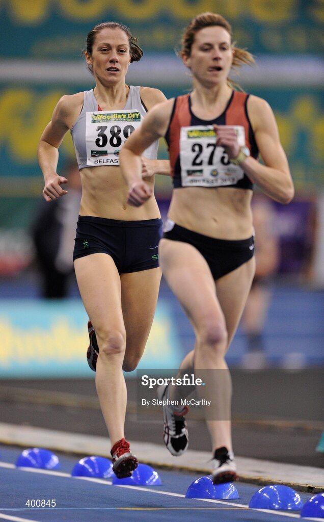 6 February 2010; Eventual winner Kelly McNiece, City of Lisburn A.C., who won in a time of 4.14.63, trails second place Deirdre Byrne, Sli Cualann A.C., who finished in a time of 4.15.81, leads during the Senior Women's 1500m Final at the second day of the Woodie’s DIY Senior Indoor Championships. Odyssey Arena, Belfast, Co. Antrim. Picture credit: Stephen McCarthy / SPORTSFILE