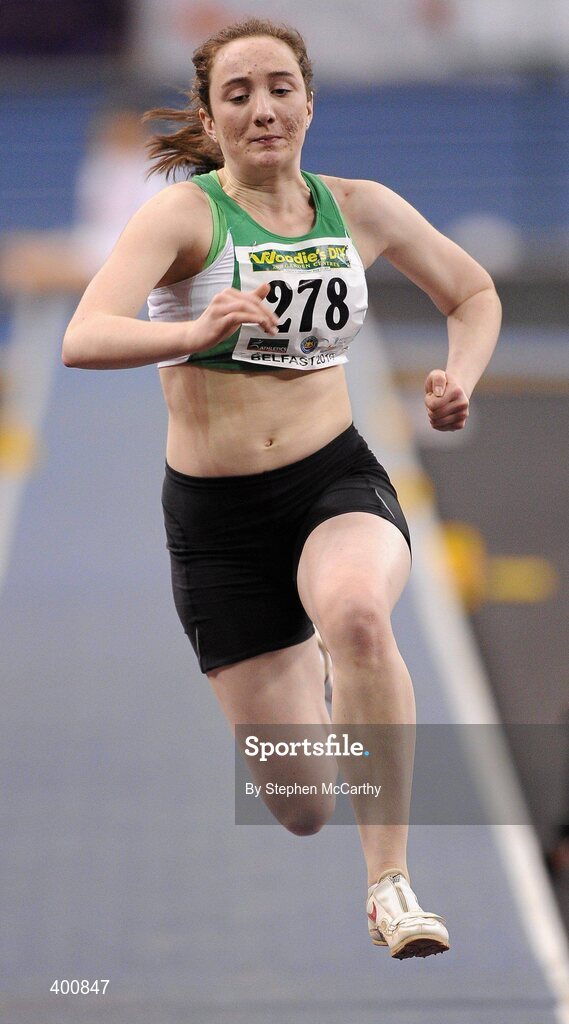 6 February 2010; Fiona Hill, Newbridge A.C., on her way to jumping 10.81 in the Senior Women's Triple Jump during the second day of the Woodie’s DIY Senior Indoor Championships. Odyssey Arena, Belfast, Co. Antrim. Picture credit: Stephen McCarthy / SPORTSFILE