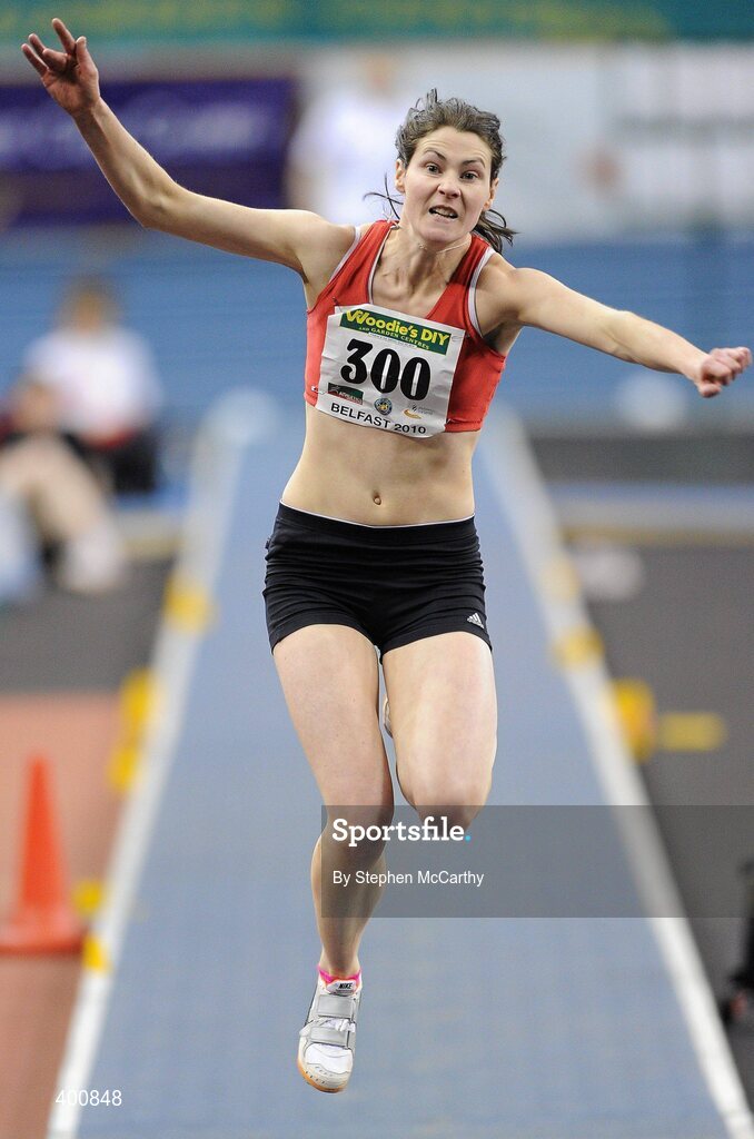 6 February 2010; Mary McLoone, Tir Chonaill A.C., on her way to winning the Senior Women's Triple Jump, jumping a best of 12.50, during the second day of the Woodie’s DIY Senior Indoor Championships. Odyssey Arena, Belfast, Co. Antrim. Picture credit: Stephen McCarthy / SPORTSFILE