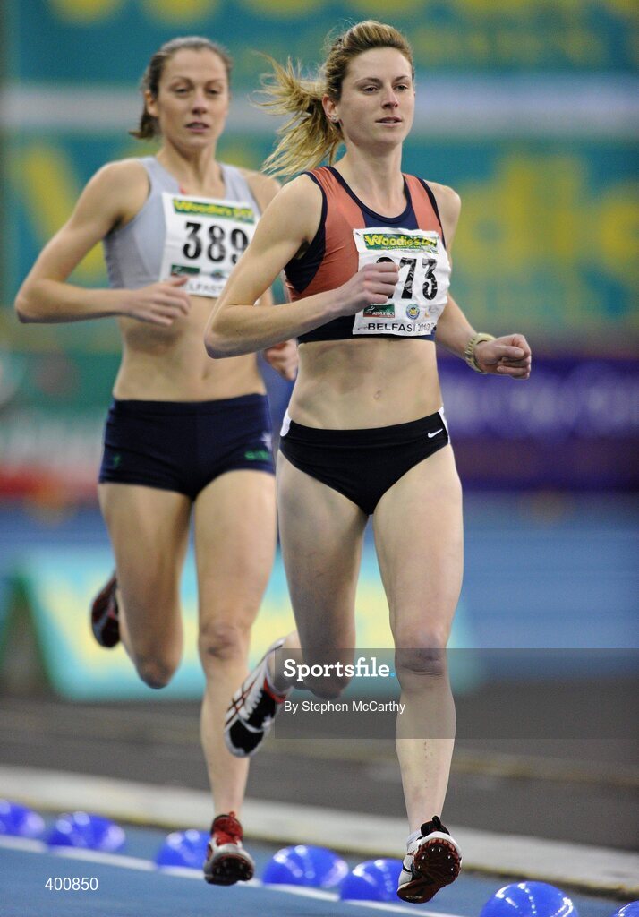 6 February 2010; Eventual second place Deirdre Byrne, Sli Cualann A.C., who finished in a time of 4.15.81, leads eventual winner Kelly McNiece, City of Lisburn A.C., who won in a time of 4.14.63, during the Senior Women's 1500m Final at the second day of the Woodie’s DIY Senior Indoor Championships. Odyssey Arena, Belfast, Co. Antrim. Picture credit: Stephen McCarthy / SPORTSFILE