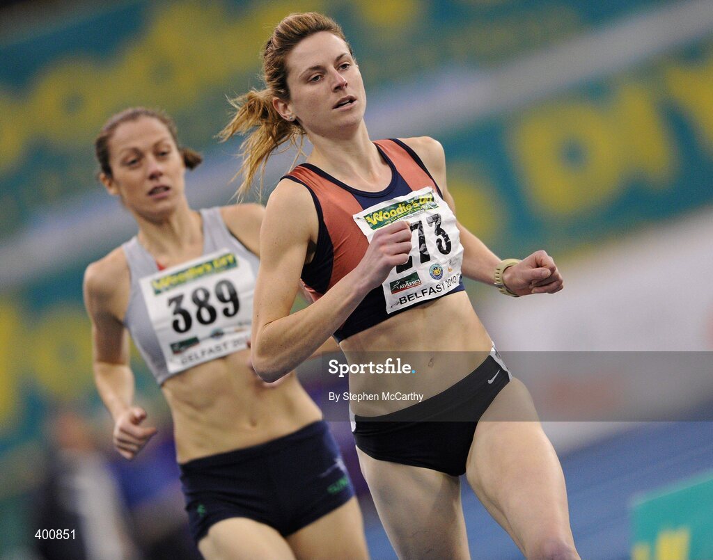 6 February 2010; Eventual Deirdre Byrne, Sli Cualann A.C., who finished in a time of 4.15.81, leads eventual winner Kelly McNiece, City of Lisburn A.C., who won in a time of 4.14.63, during the Senior Women's 1500m Final at the second day of the Woodie’s DIY Senior Indoor Championships. Odyssey Arena, Belfast, Co. Antrim. Picture credit: Stephen McCarthy / SPORTSFILE