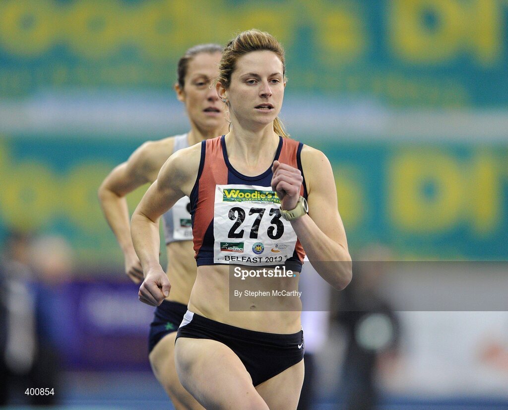 6 February 2010; Deirdre Byrne, Sli Cualann A.C., who finished in a time of 4.15.81, leads eventual winner Kelly McNiece, City of Lisburn A.C., who won in a time of 4.14.63, during the Senior Women's 1500m Final at the second day of the Woodie’s DIY Senior Indoor Championships. Odyssey Arena, Belfast, Co. Antrim. Picture credit: Stephen McCarthy / SPORTSFILE