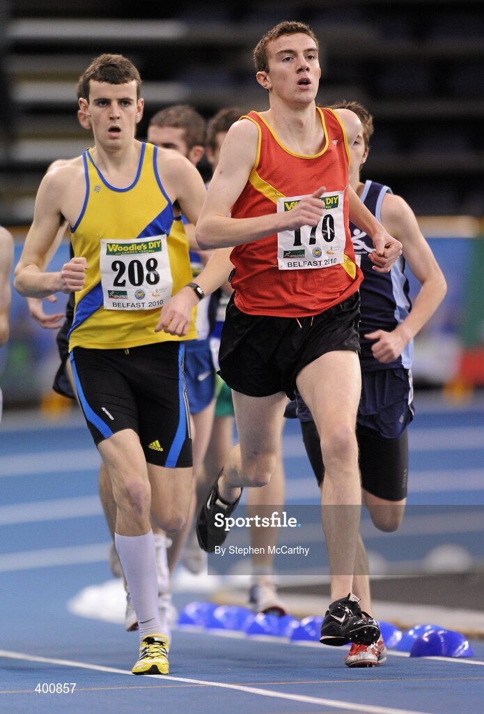 6 February 2010; James O'Hare, East Down A.C., 170, who finished fourth in a time of 4.00.46, and Niall Robinson, North Down, 203, who finished seventh in a time of 4.02.74, during the Senior Men's 1500m Final at the second day of the Woodie’s DIY Senior Indoor Championships. Odyssey Arena, Belfast, Co. Antrim. Picture credit: Stephen McCarthy / SPORTSFILE