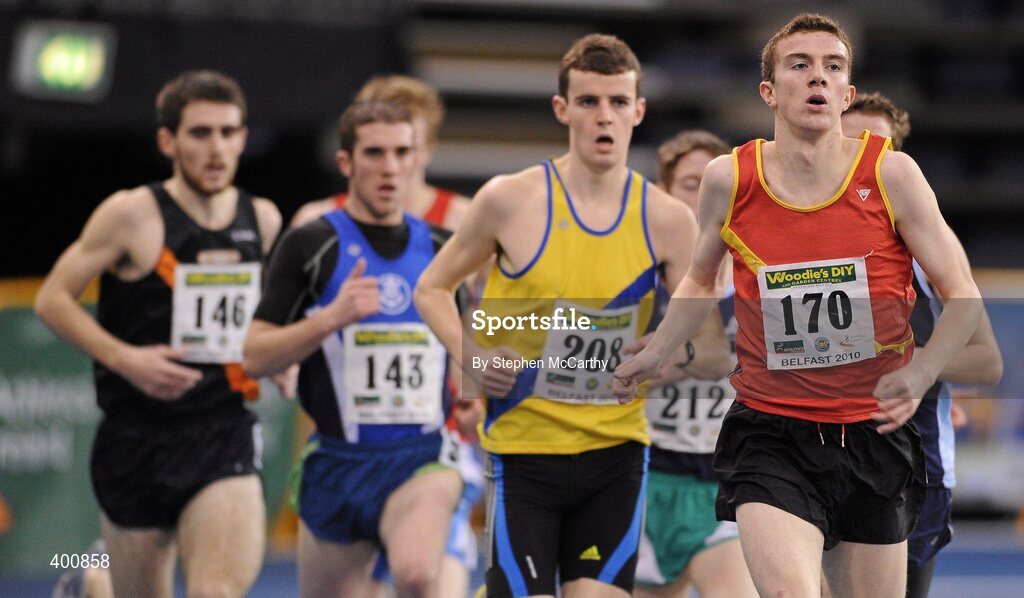 6 February 2010; James O'Hare, East Down A.C., 170, who finished fourth in a time of 4.00.46, during the Senior Men's 1500m Final at the second day of the Woodie’s DIY Senior Indoor Championships. Odyssey Arena, Belfast, Co. Antrim. Picture credit: Stephen McCarthy / SPORTSFILE