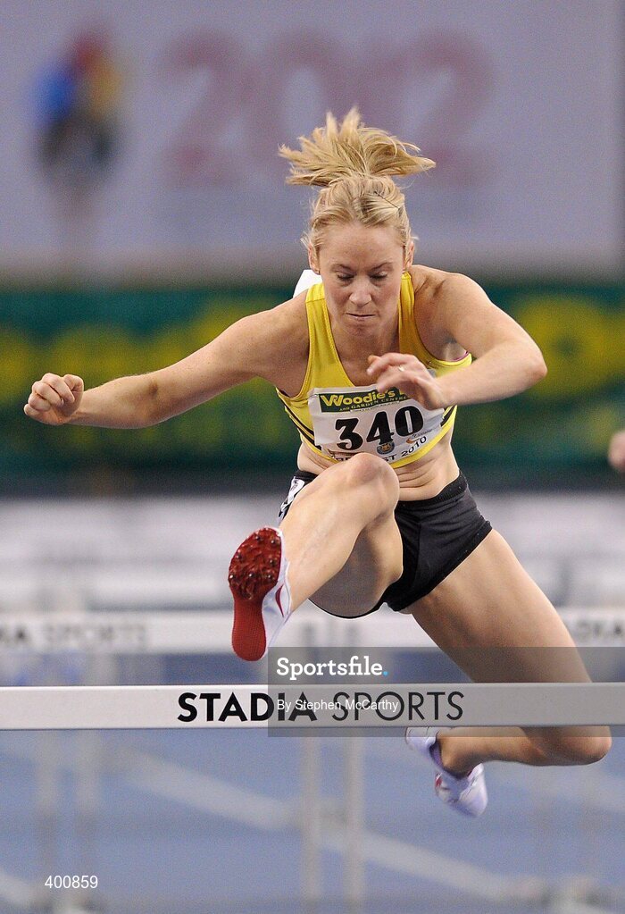 6 February 2010; Derval O'Rourke, Leevale A.C., on her way to winning her heat of the Senior Women's 60m Hurdles during the second day of the Woodie’s DIY Senior Indoor Championships. Odyssey Arena, Belfast, Co. Antrim. Picture credit: Stephen McCarthy / SPORTSFILE
