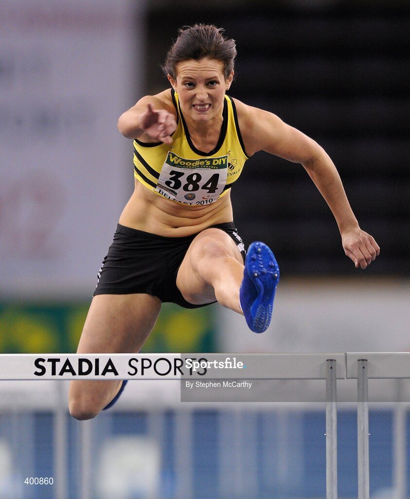 6 February 2010; Katey Byrd, Leevale A.C., in action during her heat of the Senior Women's 60m Hurdles during the second day of the Woodie’s DIY Senior Indoor Championships. Odyssey Arena, Belfast, Co. Antrim. Picture credit: Stephen McCarthy / SPORTSFILE