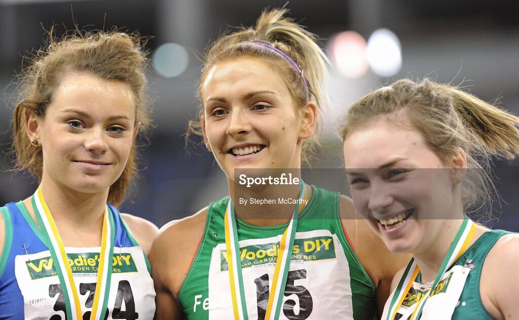 6 February 2010; Kelly Proper, Ferrybank A.C., who won the Senior Women's 200m Final, in a time of 24.14, with second place Niamh Whelan, Ferrybank A.C., right, who ran a time of 24.15, and third place Stephenie Creaner, Dublin City Harriers A.C., left, who finished in 25.16, during the second day of the Woodie’s DIY Senior Indoor Championships. Odyssey Arena, Belfast, Co. Antrim. Picture credit: Stephen McCarthy / SPORTSFILE