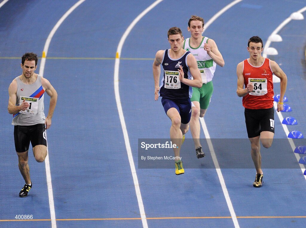6 February 2010; Nick Hogan, Dundrum South Dublin A.C., left, on his way to retaining his Senior Men's 400m title, in a time of 48.59, from second place Tim Crowe, Dooneen A.C., right, who finished in a time of 48.84, third place Jason Harvey, Lagan Valley A.C., 176, who finished in a time of 49.05, and fourth place Kieran Kelly, Raheny Shamrock A.C., who ran a time of 49.10, during the second day of the Woodie’s DIY Senior Indoor Championships. Odyssey Arena, Belfast, Co. Antrim. Picture credit: Stephen McCarthy / SPORTSFILE