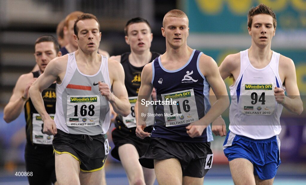 6 February 2010; Athletes in action during the Senior Men's 800m Final, from left, James McIlroy, Ballymena & Antrim A.C., who won in a time of 1.52.23, Adam Ingram, Lagan Valley A.C., who finished sixth in a time of 1.55.79, and Keith Maher, Thurles Crokes A.C., who finished seventh in a time of 1.55.90, at the second day of the Woodie’s DIY Senior Indoor Championships. Odyssey Arena, Belfast, Co. Antrim. Picture credit: Stephen McCarthy / SPORTSFILE