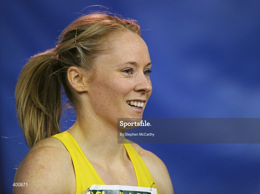 6 February 2010; Derval O'Rourke, Leevale A.C., after winning the Senior Women's 60m Hurdle Final, in a time of 8.18, during the second day of the Woodie’s DIY Senior Indoor Championships. Odyssey Arena, Belfast, Co. Antrim. Picture credit: Stephen McCarthy / SPORTSFILE