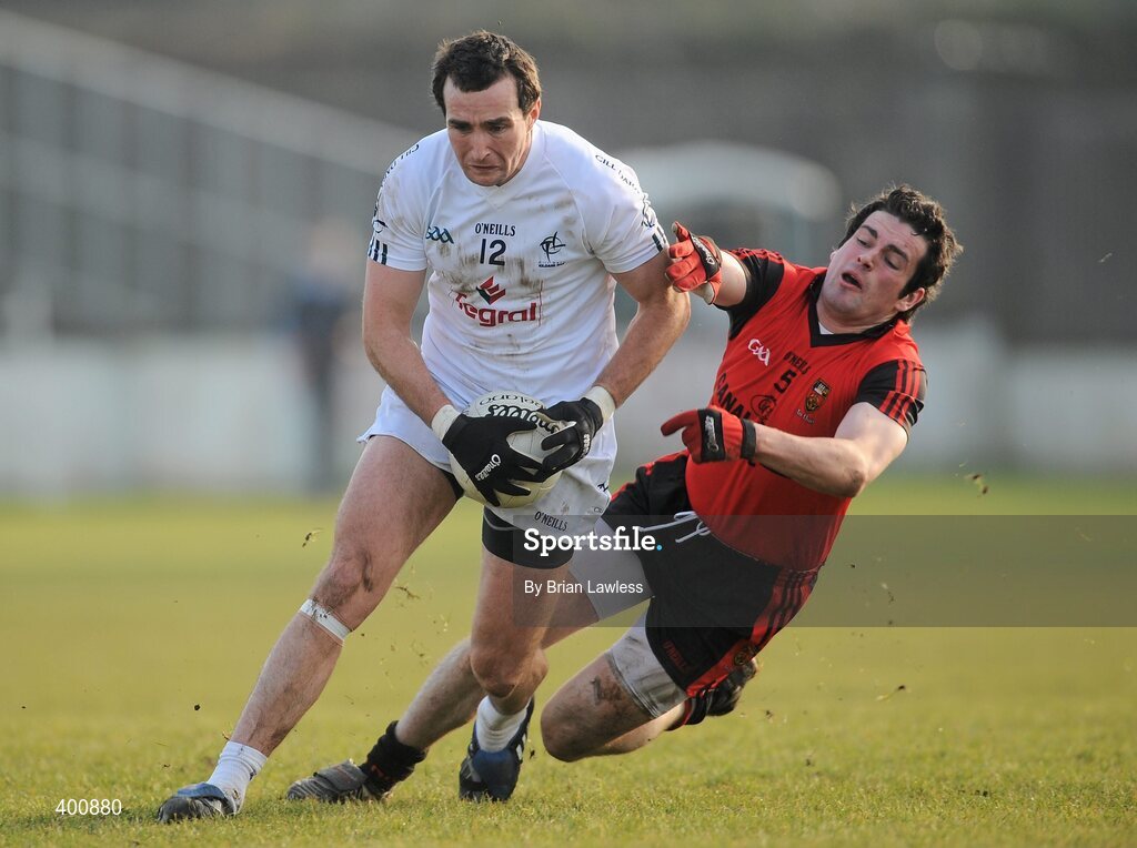 7 February 2010; Robert Kelly, Kildare, in action against Kevin McKernan, Down. Allianz GAA Football National League, Division 2, Round 1, Kildare v Down. St Conleth's Park, Newbridge, Co. Kildare. Picture credit: Brian Lawless / SPORTSFILE