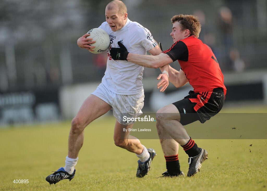 7 February 2010; James Kavanagh, Kildare, in action against Brendan McArdle, Down. Allianz GAA Football National League, Division 2, Round 1, Kildare v Down. St Conleth's Park, Newbridge, Co. Kildare. Picture credit: Brian Lawless / SPORTSFILE