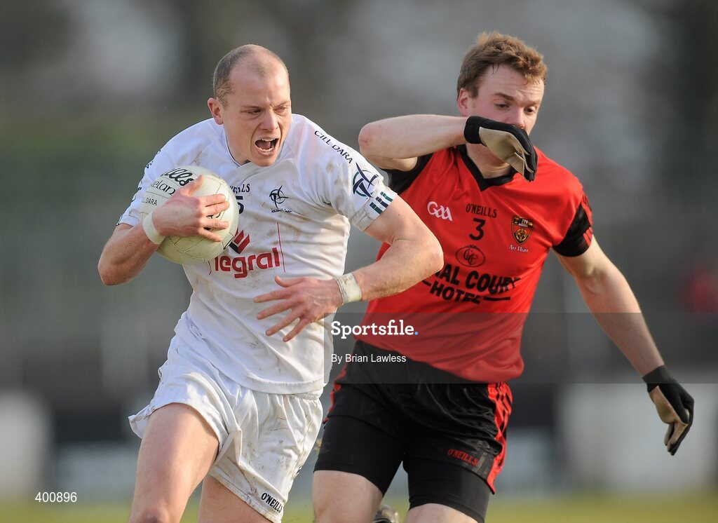 7 February 2010; James Kavanagh, Kildare, in action against Brendan McArdle, Down. Allianz GAA Football National League, Division 2, Round 1, Kildare v Down. St Conleth's Park, Newbridge, Co. Kildare. Picture credit: Brian Lawless / SPORTSFILE