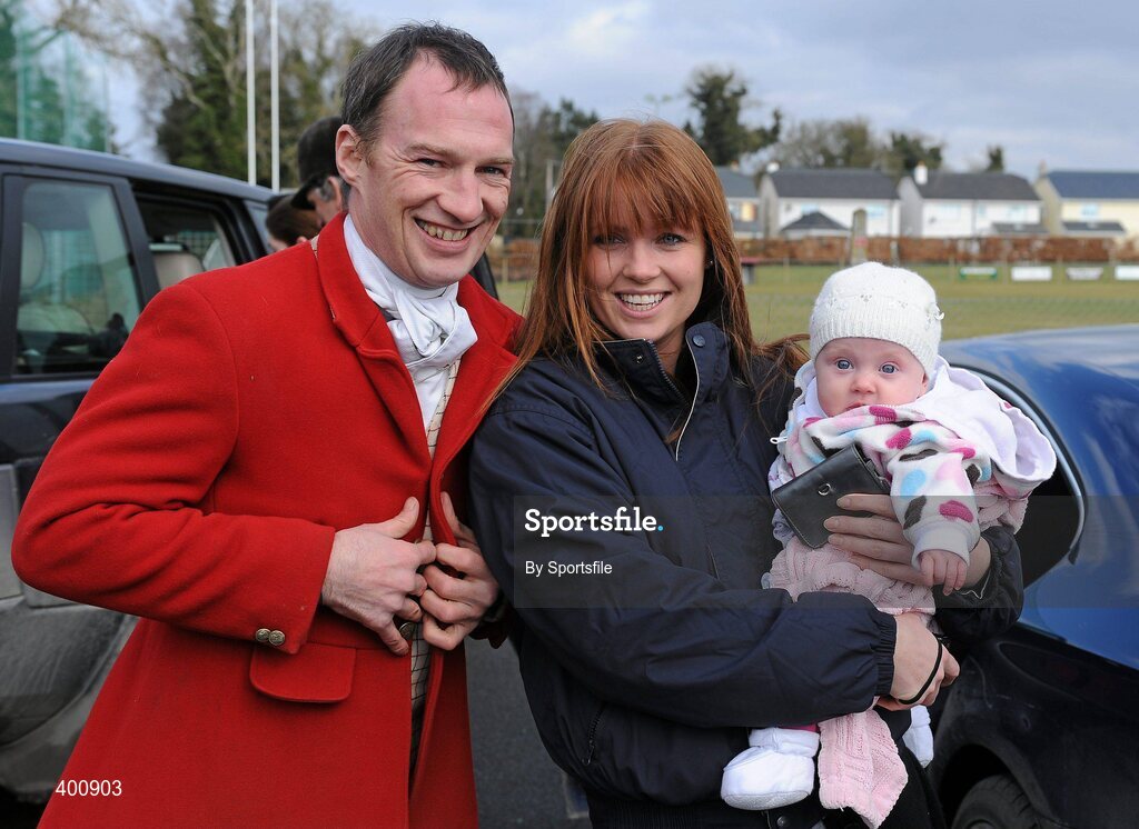 8 February 2010; Jockey Paul Carberry with his partner Rachel and baby daughter Casey Lout at the Hunt Meeting in Dunsany, Co. Meath. Photo by Sportsfile