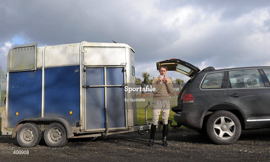 8 February 2010; Jockey Davy Russell ties his hunt stock prior to the Hunt Meeting in Dunsany, Co. Meath. Photo by Sportsfile