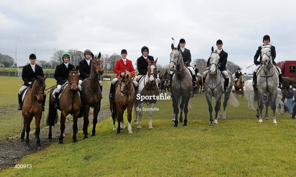8 February 2010; Jockeys, from left, Ross Geraghty, Niall Madden, Andrew Lynch, Paul Carberry, Ruby Walsh, Paddy Flood, Robert Power and Kevin Manning at the Hunt Meeting in Dunsany, Co. Meath. Photo by Sportsfile