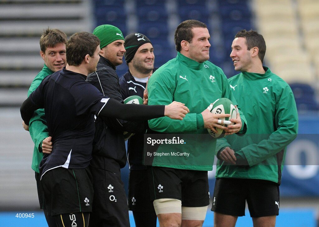 8 February 2010; Ireland players, from left, Ronan O'Gara, Gordon D'Arcy, Rob Kearney, David Kearney, Shane Jennings and Paddy Wallace during squad training ahead of their RBS Six Nations Rugby Championship match against France on Saturday. Ireland rugby squad training, RDS, Ballsbridge, Dublin. Picture credit: Stephen McCarthy / SPORTSFILE