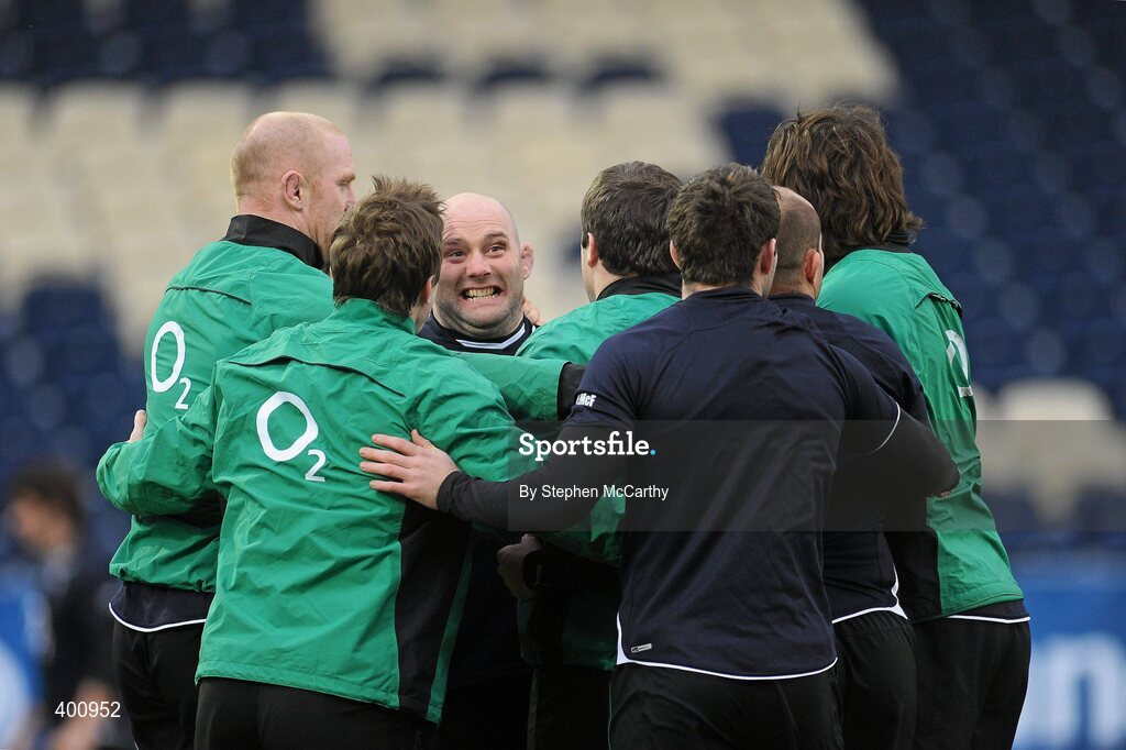 8 February 2010; Ireland's John Hayes is surrounded by team-mates during squad training ahead of their RBS Six Nations Rugby Championship match against France on Saturday. Ireland rugby squad training, RDS, Ballsbridge, Dublin. Picture credit: Stephen McCarthy / SPORTSFILE