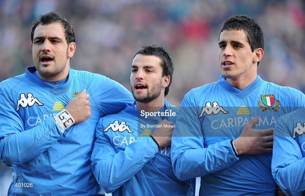 6 February 2010; Members of the Italian squad sing their national anthem before the game. RBS Six Nations Rugby Championship, Ireland v Italy, Croke Park, Dublin. Picture credit: Brendan Moran / SPORTSFILE