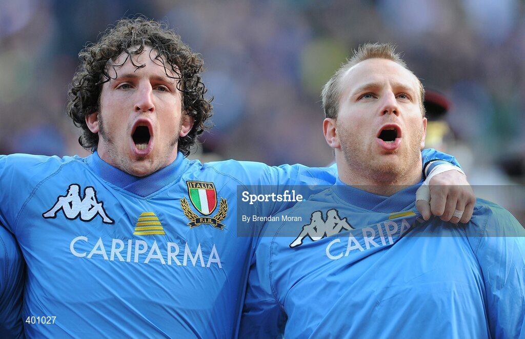 6 February 2010; Members of the Italian squad sing their national anthem before the game. RBS Six Nations Rugby Championship, Ireland v Italy, Croke Park, Dublin. Picture credit: Brendan Moran / SPORTSFILE