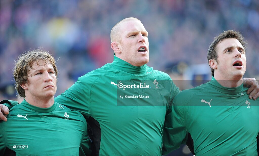 6 February 2010; Ireland players, from left, Jerry Flannery, Paul O'Connell and Tommy Bowe stand for the national anthem before the game. RBS Six Nations Rugby Championship, Ireland v Italy, Croke Park, Dublin. Picture credit: Brendan Moran / SPORTSFILE