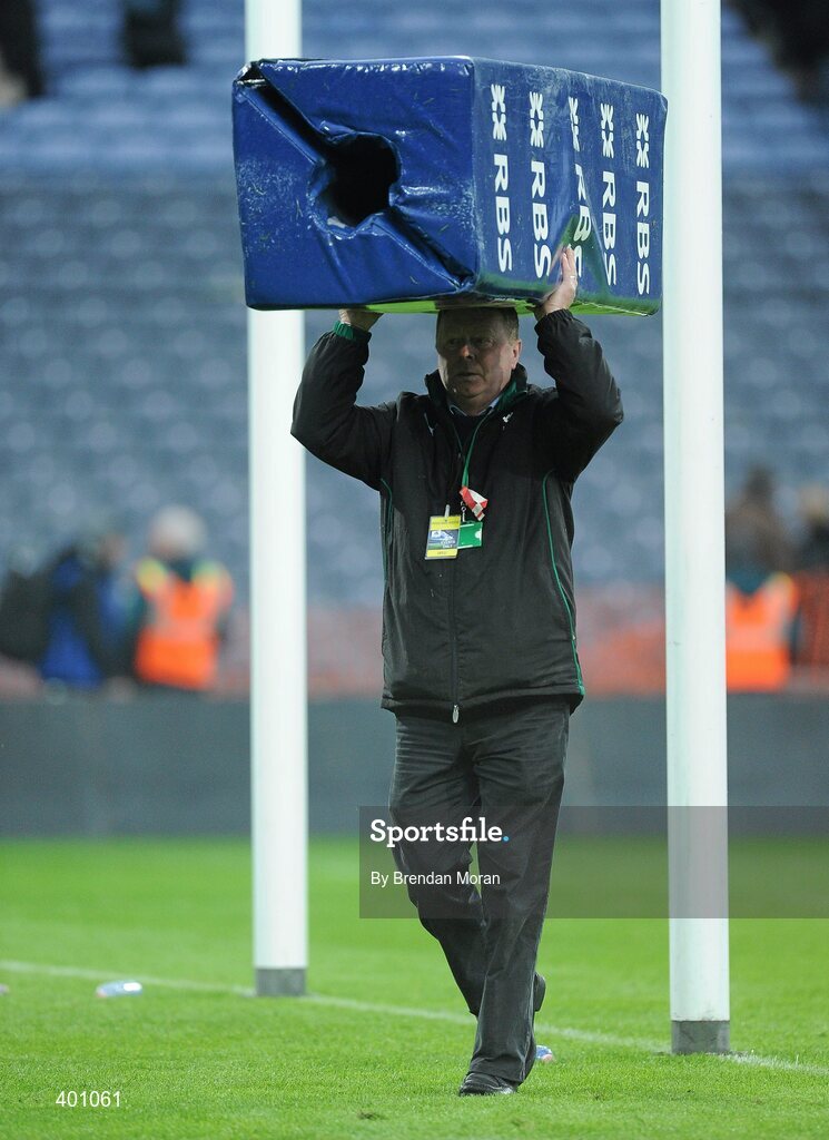 6 February 2010; A member of the groundstaff removes the goalpost pads after the game. RBS Six Nations Rugby Championship, Ireland v Italy, Croke Park, Dublin. Picture credit: Brendan Moran / SPORTSFILE
