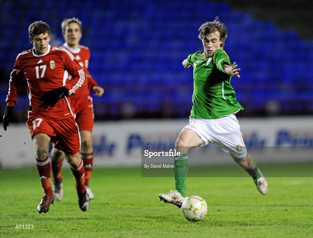 9 February 2010; Shane Byrne, Republic of Ireland, in action against Balint Vecsei, Hungary. Under 17 International Friendly, Republic of Ireland v Hungary, Tolka Park, Dublin. Picture credit: David Maher / SPORTSFILE