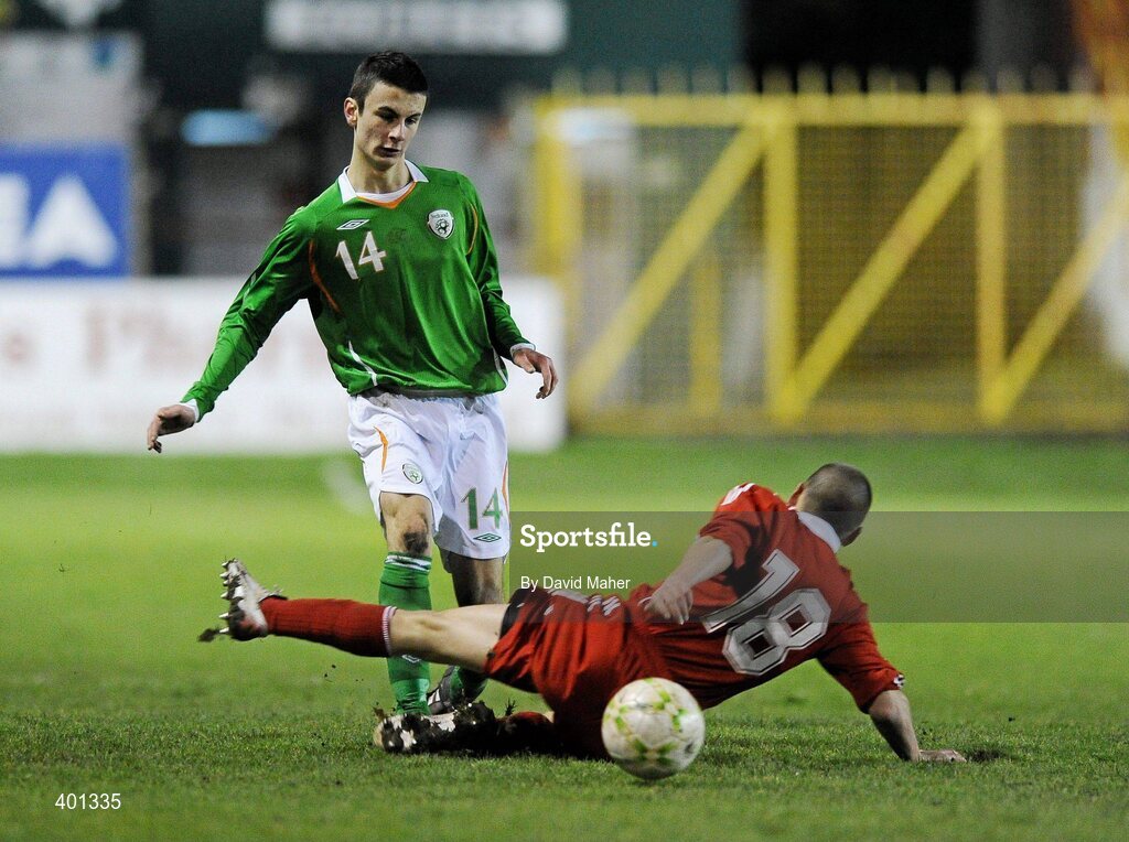 9 February 2010; Neil Yadolahi, Republic of Ireland, in action against Janos Fejes, Hungary. Under 17 International Friendly, Republic of Ireland v Hungary, Tolka Park, Dublin. Picture credit: David Maher / SPORTSFILE