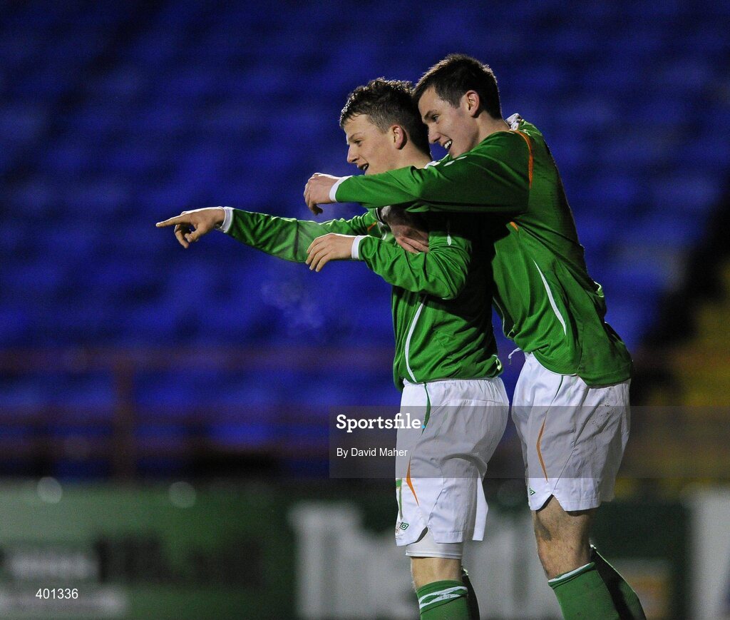 9 February 2010; Republic of Ireland's Daniel Purdy, left, celebrates after scoring his side's second goal with team-mate Kevin Knight. Under 17 International Friendly, Republic of Ireland v Hungary, Tolka Park, Dublin. Picture credit: David Maher / SPORTSFILE