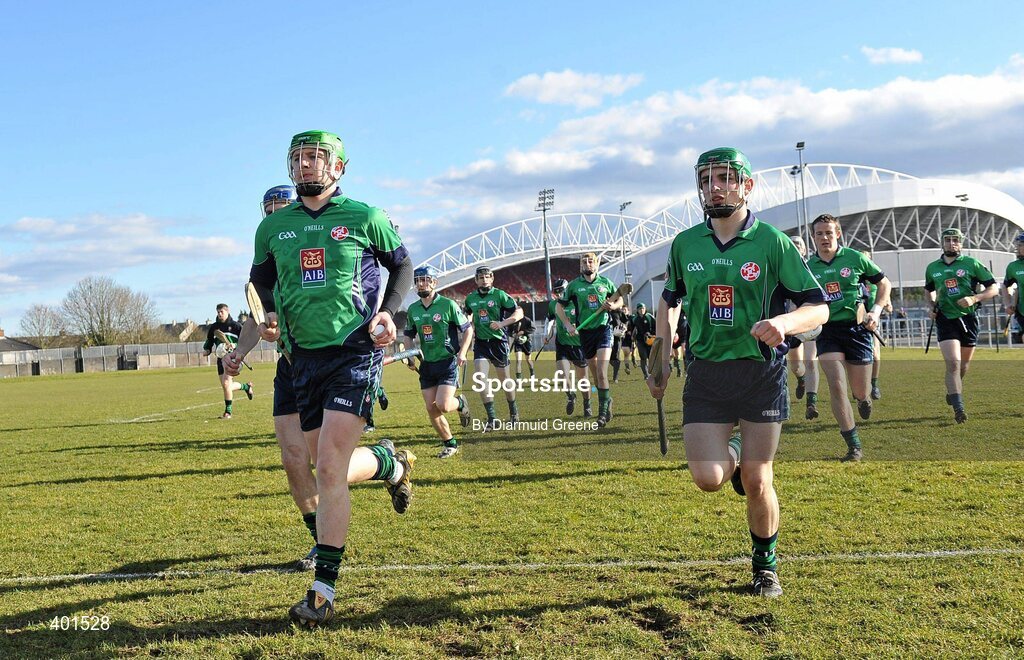 10 February 2010; The Limerick IT team, lead by captain Joe Canning, left, make their way onto the pitch for the start of the game. Ulster Bank Fitzgibbon Cup Round 2, Limerick Institute of Technology v Waterford Institute of Technology, Limerick IT, Limerick. Picture credit: Diarmuid Greene / SPORTSFILE