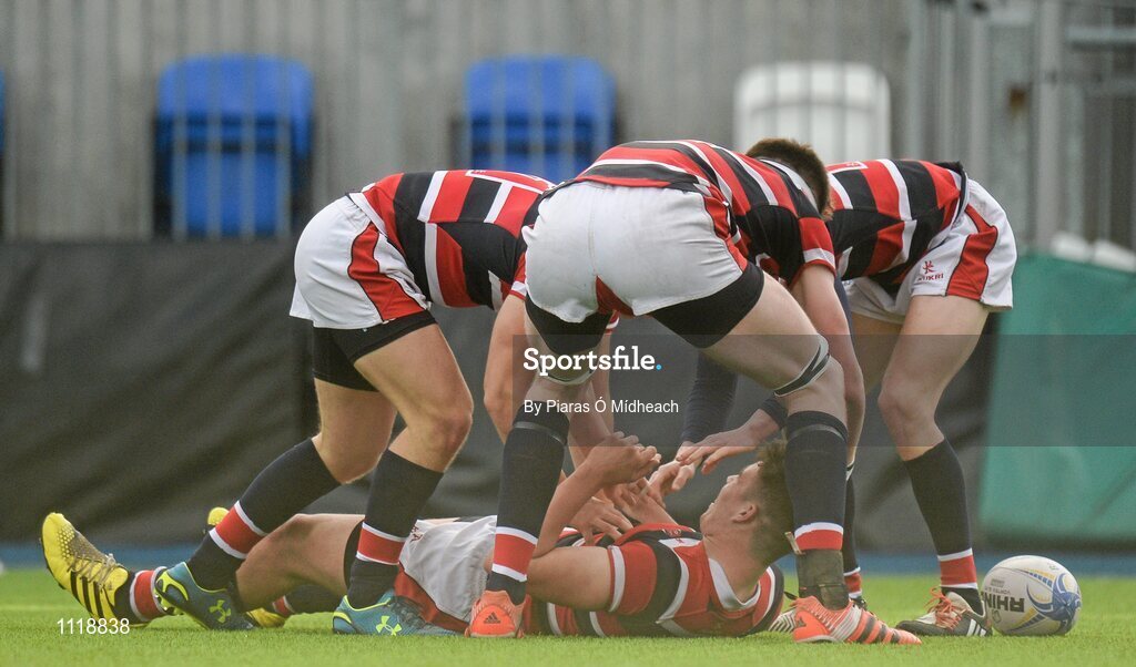 2 March 2016; Adam Curry, bottom, Wesley College, celebrates with team-mates after scoring his sides first try. Bank of Ireland Vinnie Murray Cup Final, Castleknock College v Wesley College, Donnybrook Stadium, Donnybrook, Dublin. Picture credit: Piaras Ó Mídheach / SPORTSFILE