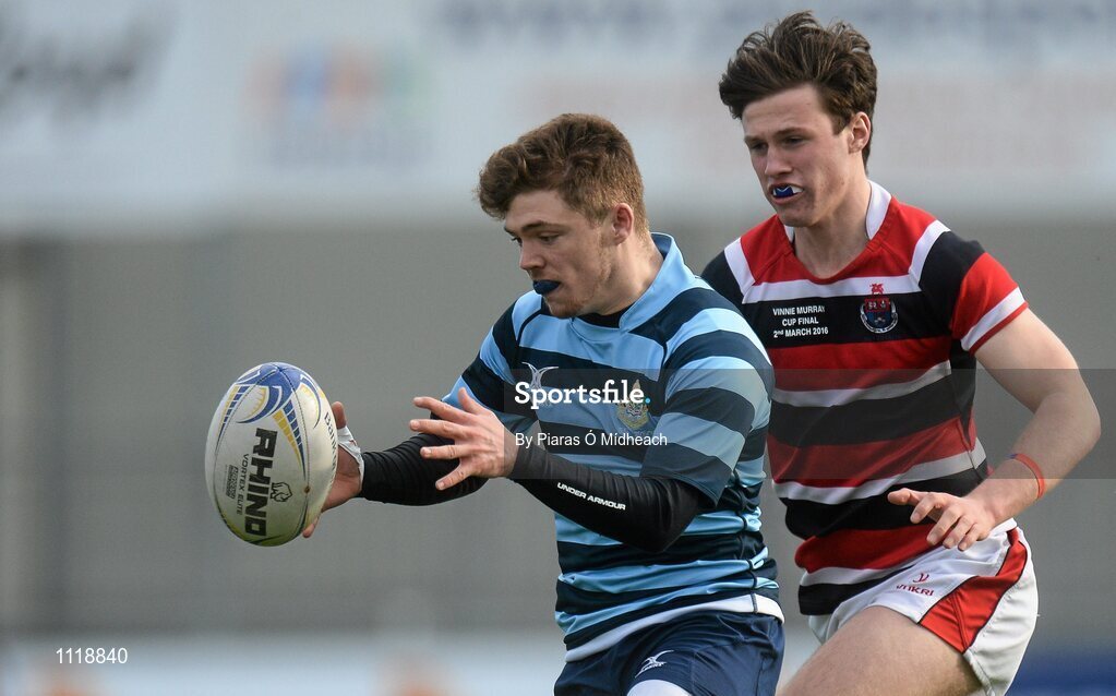 2 March 2016; Marc Boucher, Castleknock College, in action against Alistair Quirke, Wesley College. Bank of Ireland Vinnie Murray Cup Final, Castleknock College v Wesley College, Donnybrook Stadium, Donnybrook, Dublin. Picture credit: Piaras Ó Mídheach / SPORTSFILE