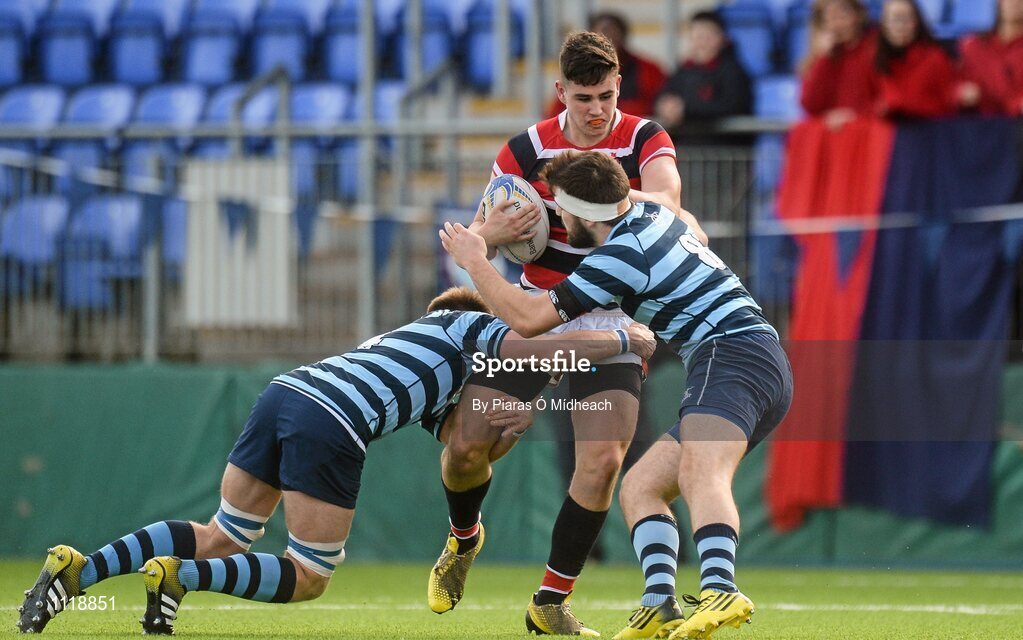 2 March 2016; Adam Curry, Wesley College, is tackled by Jack Horgan, left, and Cathal Birmingham, Castleknock College. Bank of Ireland Vinnie Murray Cup Final, Castleknock College v Wesley College, Donnybrook Stadium, Donnybrook, Dublin. Picture credit: Piaras Ó Mídheach / SPORTSFILE