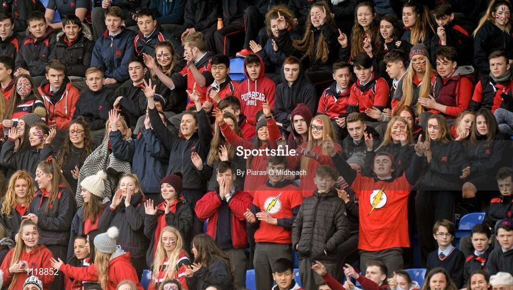 2 March 2016; Wesley College supporters cheer on their team during the game. Bank of Ireland Vinnie Murray Cup Final, Castleknock College v Wesley College, Donnybrook Stadium, Donnybrook, Dublin. Picture credit: Piaras Ó Mídheach / SPORTSFILE