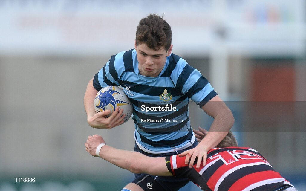 2 March 2016; Cian Clancy, Castleknock College, is tackled by Daniel Gilmer, Wesley College. Bank of Ireland Vinnie Murray Cup Final, Castleknock College v Wesley College, Donnybrook Stadium, Donnybrook, Dublin. Picture credit: Piaras Ó Mídheach / SPORTSFILE