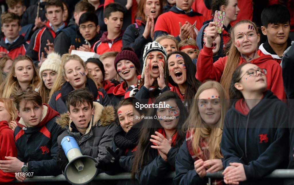 2 March 2016; Wesley College supporters celebrate after the game. Bank of Ireland Vinnie Murray Cup Final, Castleknock College v Wesley College, Donnybrook Stadium, Donnybrook, Dublin. Picture credit: Piaras Ó Mídheach / SPORTSFILE