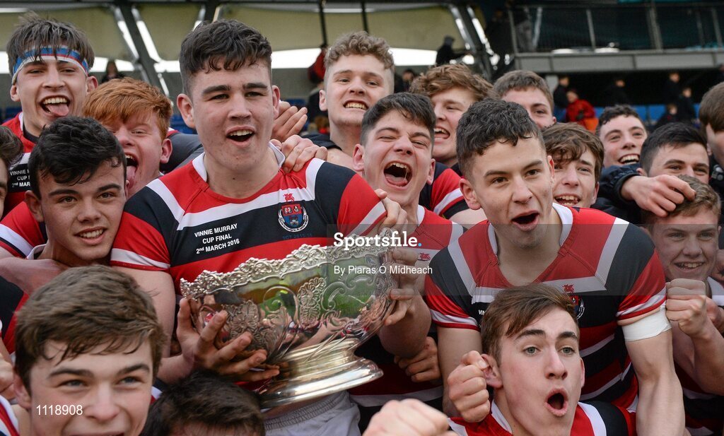 2 March 2016; Wesley College captain Adam Curry and his team-mates celebrate with the Vinnie Murray Cup after the game. Bank of Ireland Vinnie Murray Cup Final, Castleknock College v Wesley College, Donnybrook Stadium, Donnybrook, Dublin. Picture credit: Piaras Ó Mídheach / SPORTSFILE