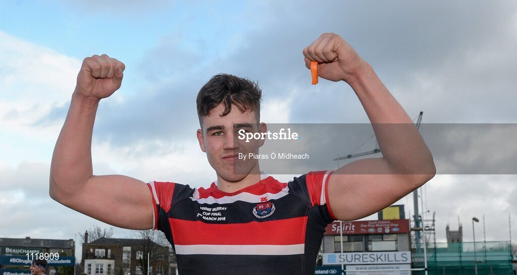 2 March 2016; Wesley College captain Adam Curry celebrates after the game. Bank of Ireland Vinnie Murray Cup Final, Castleknock College v Wesley College, Donnybrook Stadium, Donnybrook, Dublin. Picture credit: Piaras Ó Mídheach / SPORTSFILE