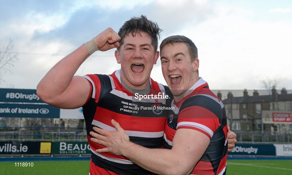 2 March 2016; Wesley College's Campbell Classon, left, celebrates with supporter David Poff after the game. Bank of Ireland Vinnie Murray Cup Final, Castleknock College v Wesley College, Donnybrook Stadium, Donnybrook, Dublin. Picture credit: Piaras Ó Mídheach / SPORTSFILE