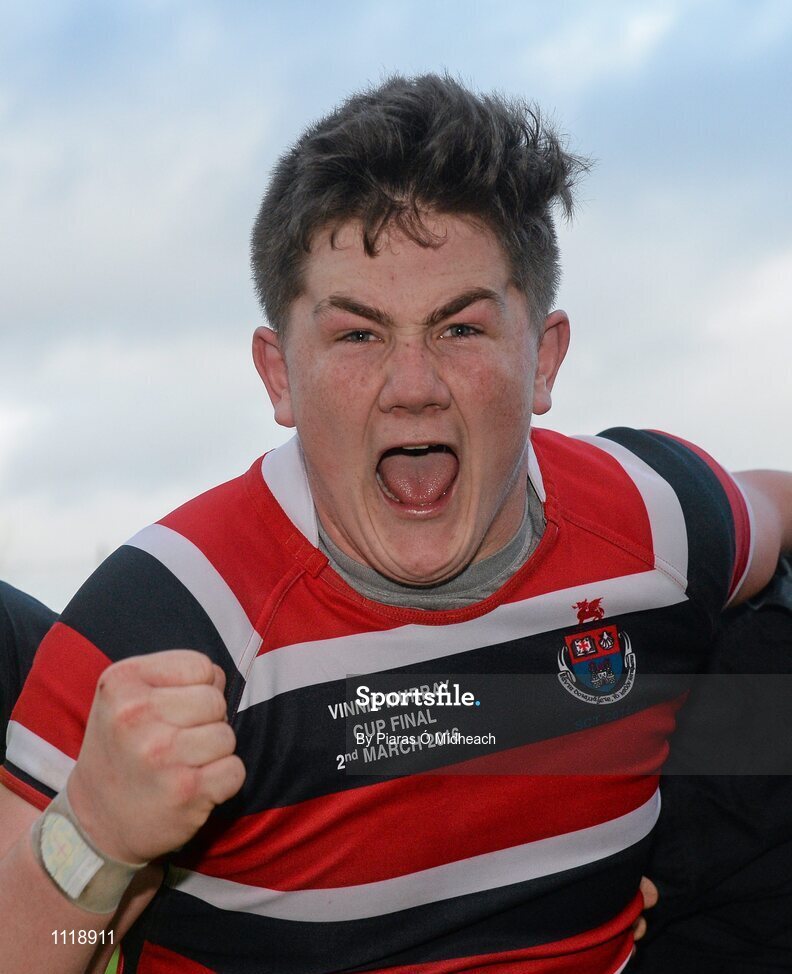 2 March 2016; Wesley College's Campbell Classon celebrates after the game. Bank of Ireland Vinnie Murray Cup Final, Castleknock College v Wesley College, Donnybrook Stadium, Donnybrook, Dublin. Picture credit: Piaras Ó Mídheach / SPORTSFILE