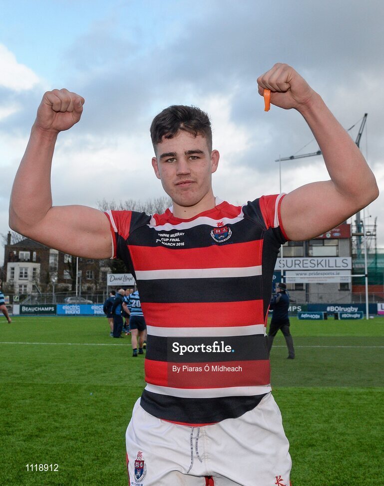 2 March 2016; Wesley College captain Adam Curry celebrates after the game. Bank of Ireland Vinnie Murray Cup Final, Castleknock College v Wesley College, Donnybrook Stadium, Donnybrook, Dublin. Picture credit: Piaras Ó Mídheach / SPORTSFILE