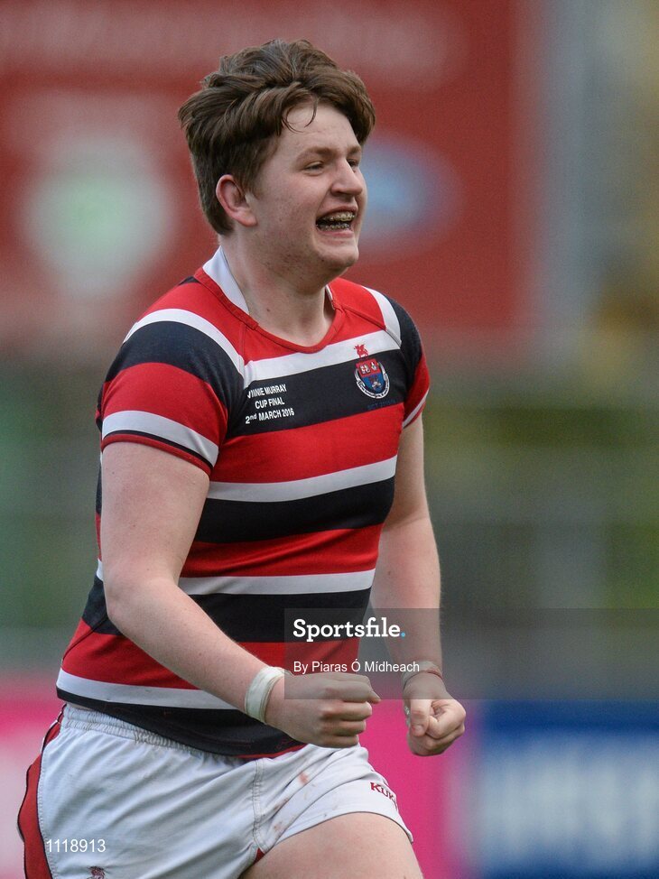 2 March 2016; Wesley College's Sam Kenny celebrates after the game. Bank of Ireland Vinnie Murray Cup Final, Castleknock College v Wesley College, Donnybrook Stadium, Donnybrook, Dublin. Picture credit: Piaras Ó Mídheach / SPORTSFILE