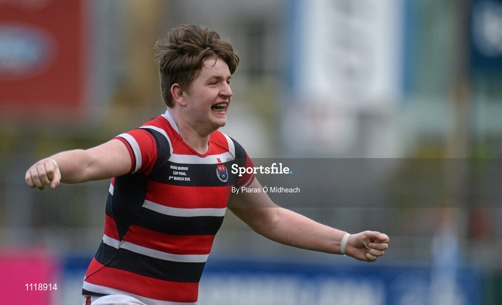2 March 2016; Wesley College's Sam Kenny celebrates after the game. Bank of Ireland Vinnie Murray Cup Final, Castleknock College v Wesley College, Donnybrook Stadium, Donnybrook, Dublin. Picture credit: Piaras Ó Mídheach / SPORTSFILE