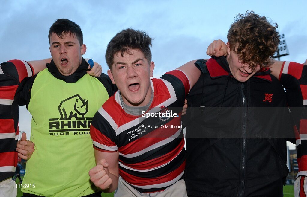 2 March 2016; Wesley College's Campbell Classon, centre, celebrates after the game. Bank of Ireland Vinnie Murray Cup Final, Castleknock College v Wesley College, Donnybrook Stadium, Donnybrook, Dublin. Picture credit: Piaras Ó Mídheach / SPORTSFILE