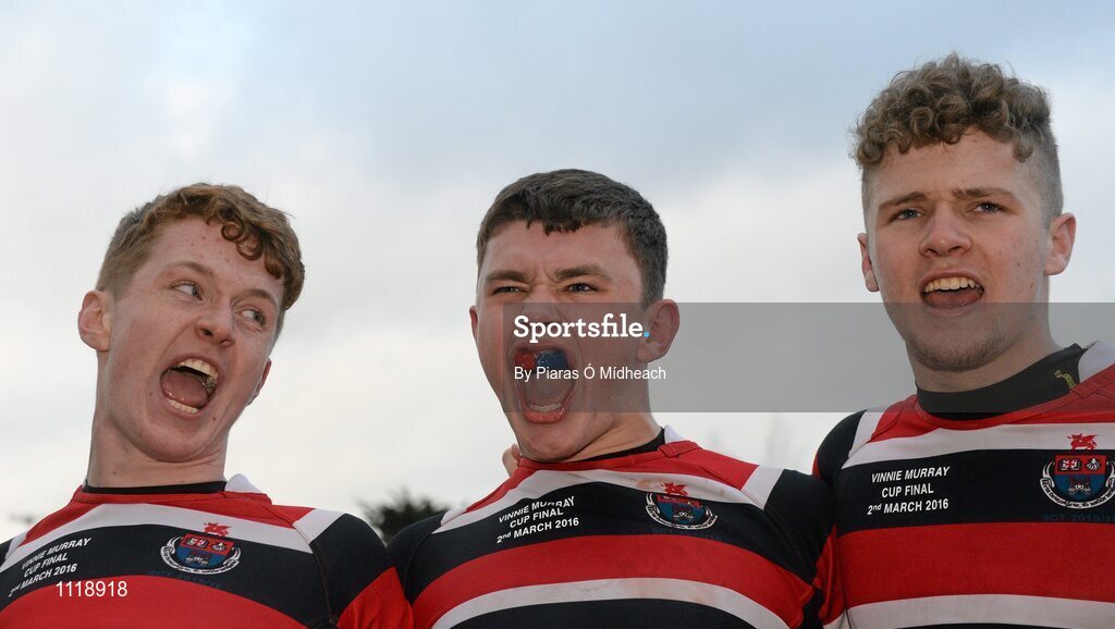 2 March 2016; Wesley College's, from left, Joe O'Connor, Seán Dunne and Daniel Gilbert celebrate after the game. Bank of Ireland Vinnie Murray Cup Final, Castleknock College v Wesley College, Donnybrook Stadium, Donnybrook, Dublin. Picture credit: Piaras Ó Mídheach / SPORTSFILE