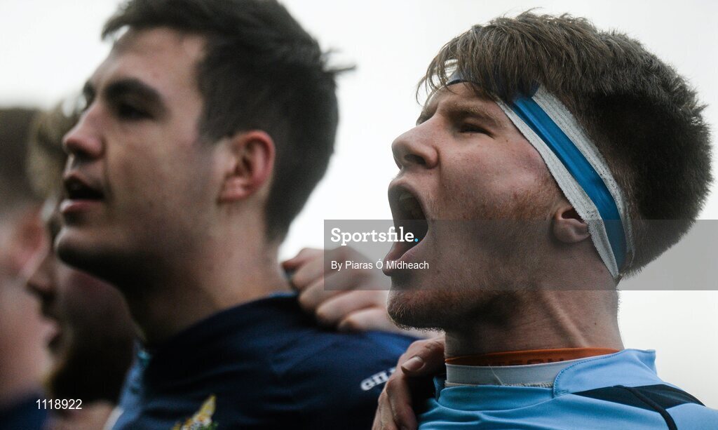 2 March 2016; Castleknock's Jack Horgan and his team-mates sing with supporters after the game. Bank of Ireland Vinnie Murray Cup Final, Castleknock College v Wesley College, Donnybrook Stadium, Donnybrook, Dublin. Picture credit: Piaras Ó Mídheach / SPORTSFILE