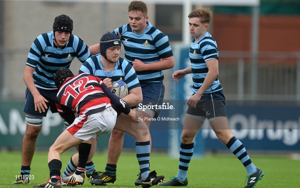 2 March 2016; Carl Keogh, Castleknock College, is tackled by William Hayden, Wesley College. Bank of Ireland Vinnie Murray Cup Final, Castleknock College v Wesley College, Donnybrook Stadium, Donnybrook, Dublin. Picture credit: Piaras Ó Mídheach / SPORTSFILE
