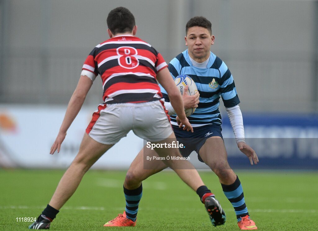 2 March 2016; Nicholas Eastmond, Castleknock College, in action against Stephen May, Wesley College. Bank of Ireland Vinnie Murray Cup Final, Castleknock College v Wesley College, Donnybrook Stadium, Donnybrook, Dublin. Picture credit: Piaras Ó Mídheach / SPORTSFILE